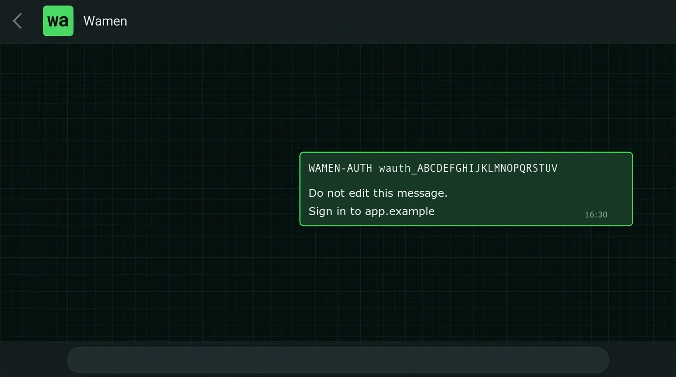 The exact Wamen authentication message in a dark WhatsApp conversation.